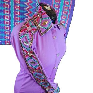 Camiseta de espectáculo occidental turquesa lavanda de cintura alta para mujer, cierre de cremallera transpirable, almohadilla de espectáculo a juego, ropa de equitación ODM - Product Image 1