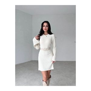 Mini abito a coste a zampa antracite da donna in maglia invernale girocollo stile Casual - Product Image 2