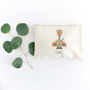 Personalized Name Giraffe Cotton Canvas Cosmetic Pouch Eco-Friendly Large Capacity Zipper Closure <b>Makeup</b> <b>Storage</b> Cartoon Pattern - Product Image 3