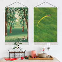 Tapisserie murale style anime japonais - Paysage de prairie verte, décoration artistique esthétique pour salon, chambre, décoration murale apaisante