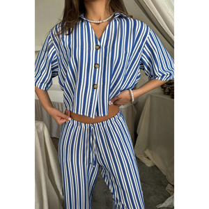 Ensemble de vêtements de nuit pour femmes, chemise courte à rayures bleues et pantalon ample en modal - Product Image 5