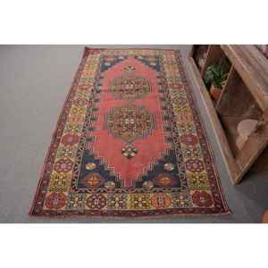 พรมตุรกีสไตล์วินเทจสีแดงสีเหลืองคลาสสิกขนแกะลายเย็บปะติดพื้นที่ขนาดใหญ่4.1x7.5ฟุตมีแผ่นยางรองสำหรับห้องโถงห้องนอน - Product Image 1