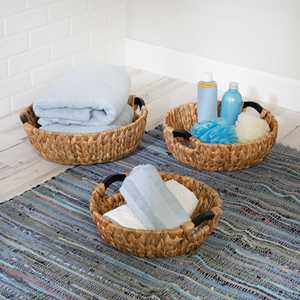 Ensemble de 3 paniers de rangement ronds en osier de jacinthe d'eau de couleur naturelle avec poignées en bois Plateau de support rectangulaire personnalisé - Product Image 2