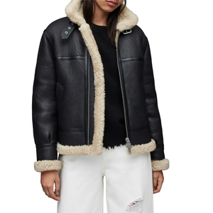 Venta al por mayor de ropa informal con cremallera chaqueta de cuero de motorista genuino de las mujeres Sherpa forrado chaquetas de cuero - Product Image 2