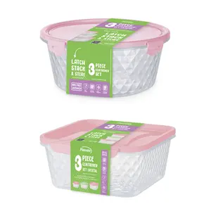 BPA Free 3-Pieces Set Cristal Line Round Or Square Food Container With Lids Plasvale Safe For Microwave And Freezer