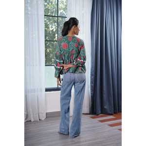 Blusa Bella Rose para Mujer con Estampado Floral, Mangas con Puños, Cuello con Lazos, Tejido de Punto Cambric, 100% Algodón, Talla XL, Primavera Otoño - Product Image 4