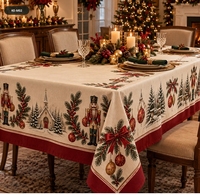 Nappe de Noël promotionnelle brodée imperméable classique 100% coton, motif guirlande de sapins et cheval de carrousel, bordure rouge, luxe