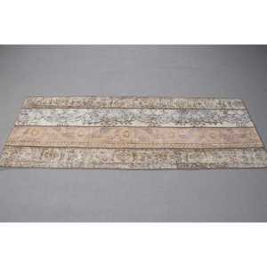 Vintage Turkish <b>Wool</b> Runner Rug 22x5.9 ft (66x181 Cm) <b>Brown</b> Patchwork Design with Latex Backing - Product Image 3