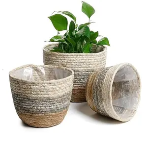 Natural Sea Grass Hand Woven Plant Pot Cover with Leak-Proof Plastic Lining for Indoor Outdoor Garden Balcony Home Decoration