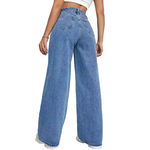 Venta al por mayor de otoño, pantalones vaqueros para mujer, azul lavado, acampanado, ajustado, logotipo del cliente, cintura alta, botones elásticos, pantalones vaqueros para mujer - Product Image 2