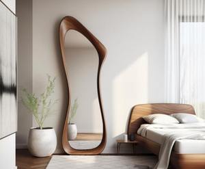 Miroir asymétrique pleine longueur Art Déco en noyer véritable fait main, décoration moderne, prix abordable - Product Image 1