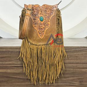 Bolso de Hombro de Diseño con Flecos, de Cuero Vacuno Repujado a Mano con Piedra Turquesa, a Precio Bajo, para Mujer, Moda 2025 - Product Image 1