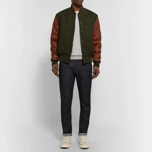 Veste universitaire pour homme, vert olive, manches en cuir PU marron, boutons sur le devant, col rabattu, vêtement d'automne - Product Image 4