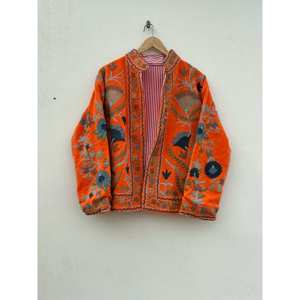 Indian Boho Style Reversible Quilted Suzani Velvet Embroidered <b>Jacket</b> Varsity Outerwear Coat Short Length XL for Spring Autumn - Product Image 1
