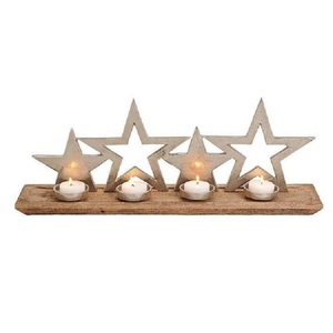 Unique Mango Wood Tea <b>Light</b> Candle Holder with Metal Star & <b>T</b> <b>Light</b> for Home Table Decoration & Wooden Base - Product Image 1