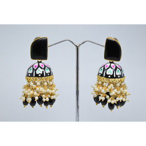 Cuentas largas de latón con acabado de mate dorado, jhumki, pendientes de tuerca de piedra, partywear tradicional de meenakari para niñas y mujeres - Product Image 1