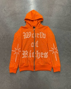 Fabricante personalizado Sun Faded bordado desgastado cremallera Streetwear ácido lavado 500gsm hombres Zip up Heavyweight Rhinestone Hoodie - Product Image 4