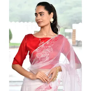 Sari en organza rouge Kalash peint à la main avec broderies, léger, taille unique, ensemble court 3 pièces, tenue de soirée printemps/été pour femme - Product Image 6