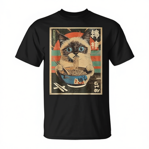 T-shirt promotionnel avec illustration de chat mignon, chat siamois kawaii mangeant des nouilles ramen, style anime - Product Image 2