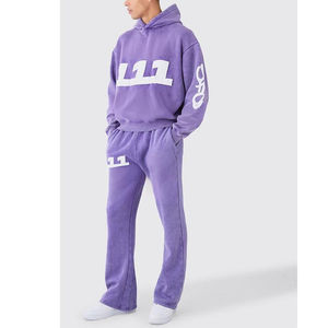 Conjunto Deportivo de Hombre al por Mayor de Alta Calidad para Invierno, 100% Algodón, Estilo Holgado, Lavado, con Estampado Puff, Pantalones Acampanados, Manga Larga Vintage - Product Image 3