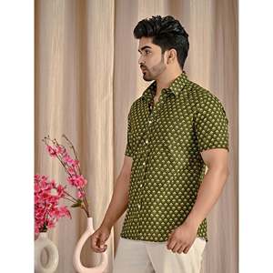 Chemise Homme Décontractée en Coton Popeline Vert Imprimé à Manches Courtes, Col Boutonné, Coupe Boxy Élégante, Respirante, Produit ODM - Product Image 3