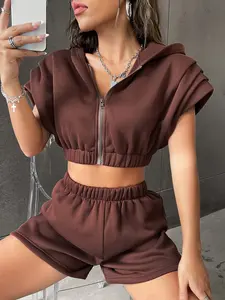 High Quality Solid Casual Gym Crop Top Hoodies <b>Women</b> Custom Two Piece <b>Shorts</b> Set Zip up Hoodies Sweatsuit - Product Image 3