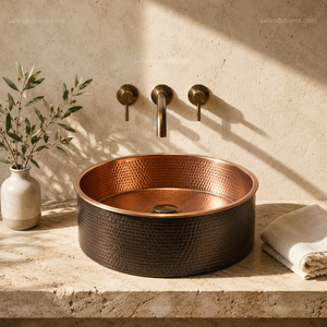 DIVRIS Lavabo de Cobre Forjado Artesanal, Redondo, de un Solo Tazón, para Instalar Sobre Encimera, Estilo Rústico, Acabado Mate, Grifo de 16 Pulgadas - Product Image 3