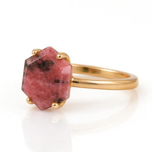 Exclusif plaqué or 925 argent sterling rhodonite naturelle hexagone à facettes pierres précieuses sertissage bagues délicates bijoux fins - Product Image 1