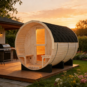 Sauna de barril de pino blanco para 6 personas con calentador de 6KW para exteriores, tejas impermeables y bancos de porche - Product Image 6