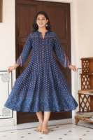 Ensemble 2 pièces Anarkali Kurta pour femme en rayonne bleue à imprimé floral, longueur cheville, écologique, séchage rapide, tissu doux et confortable, élégant