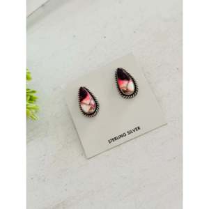 Navajo Handmade Vintage <b>Post</b> <b>Earrings</b> Trendy Dahlia Rose Sterling Silver Bezel Set Studs Water Drop Pattern for Religious Gifts - Product Image 3