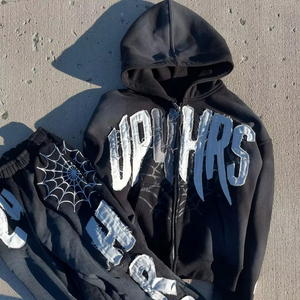 Conjunto personalizado de sudaderas con cremallera y pantalones de chándal para hombre, chándal lavado con ácido con logotipo, conjunto de pantalones de chándal acampanados con bordado desgastado y Sudadera con capucha - Product Image 1