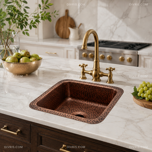DIVRIS Lavabo de Cobre Martillado Hecho a Mano, de un Solo Tazón, Cuadrado, Moderno, con Acabado Pulido, para Cocina o Baño, 12x12 pulgadas - Product Image 6