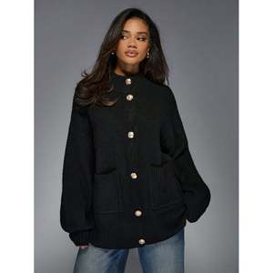 Cárdigan Largo de Invierno para Mujer con Cuello Alto Simulado, Botones Frontales, Mangas Murciélago y Tejido de Punto - Product Image 1