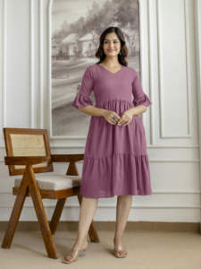 Trendmalls Women's Solid Crepe Flared Pleated Midi Western <b>Dress</b> with Natural Waist (V30-<b>Purple</b>) Plain Dyed - Product Image 4