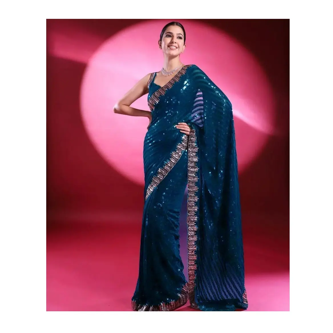 Designer Bollywood Arrival Party Function Wear Georgette Embroidery Work With All Over Sequence Work Lace Border Saree