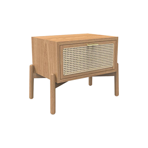 Mesita de noche moderna de madera de teca maciza con puerta de mimbre de ratán, acabado natural, para uso en dormitorios interiores, para hoteles. - Product Image 1