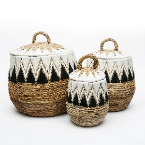 Juego de Cestas de Almacenamiento Ecológicas de Macramé con Corteza de Plátano Natural, con Asas, Diseño Tribal Moderno con Diamantes, Decoración Multiusos para el Hogar - Product Image 1