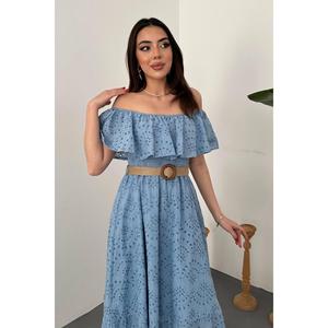 Baby Blue Off-Shoulder Broderie Anglaise <b>Dress</b> - Baby Blue - Product Image 3