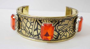Luxury Gold Plated Copper Wide Cuff Bangle With Intricate Black Geometric Web Pattern And Large Radiant Rectangular <b>Metal</b> Craft - Product Image 5