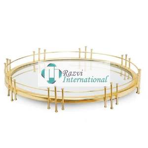 Antique Designer Round Mirror <b>Tray</b> With <b>Gold</b> Linear Design Stylish With <b>Gold</b> Metal Ware Decoration Standard Designer ServingTray - Product Image 1