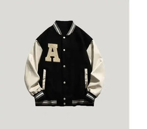 Veste universitaire décontractée noire et blanche, style streetwear, broderie de lettres, bomber ample, jersey de sport d'hiver, style letterman décontracté - Product Image 3