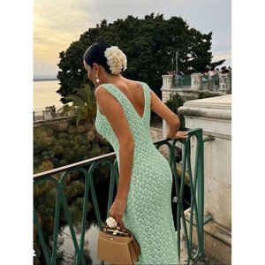 Vestido Maxi Elegante de Punto con Tirantes y Cuello en V para Mujer, Marca Jane's, con Patrón de Trenzas, para Uso Diario Informal - Product Image 4