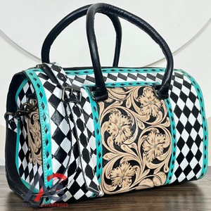 New 2025 <b>Hand</b> Tooled Leather Speedy Duffel <b>Bag</b> Western <b>Black</b> & White Checkered Pattern Handmade Luxury Travel Handbags for Women - Product Image 1