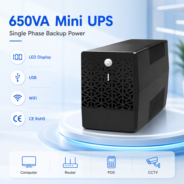 650VA Mini UPS Single Phase Backup Uninterruptible Power Supply for Computer Router POS CCTV with LED USB WiFi CE RoHS Use