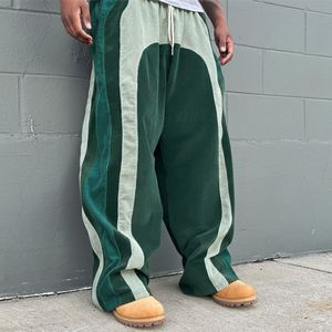 Pantalons en velours côtelé pour hommes, style streetwear urbain, patchwork arqué, pantalon large à jambes larges, rayures contrastées, bas décontractés amples - Product Image 1