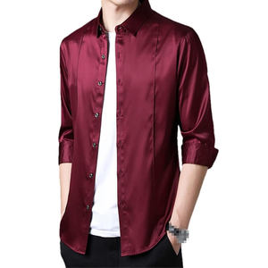 Vente chaude hommes mode gris chemise en soie pour hommes hauts à manches longues élégant décontracté Streetwear Blouse hommes Satin chemises - Product Image 4