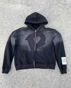 Sweat à Capuche Vintage Surdimensionné Boxy Cropped Applique Broderie Lavage à l'Acide Zip up Logo Brodé Sweat à Capuche pour Homme - Product Image 5