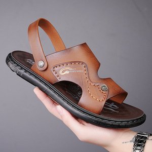 Sandales décontractées pour hommes à bout ouvert, antidérapantes, pour l'été et la plage, à semelle épaisse, respirantes, en cuir microfibre, à enfiler, couleur unie - Product Image 1