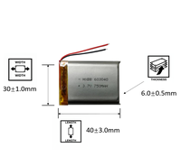 Baterai Lithium Polimer 603040 2 Kabel 603040-2 750mAh 3.7V dengan UN38.3 MSDS Baterai Isi Ulang untuk MP3 MP4 Speaker TWS
